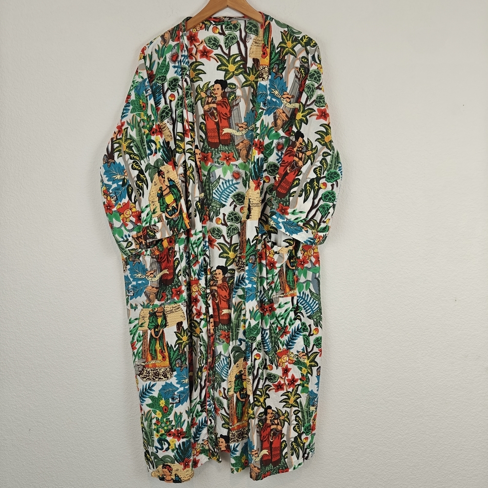 Frida Kahlo Printed Cotton Kaftan 3/4 Sleeves Open Front Kimono Robe One Size